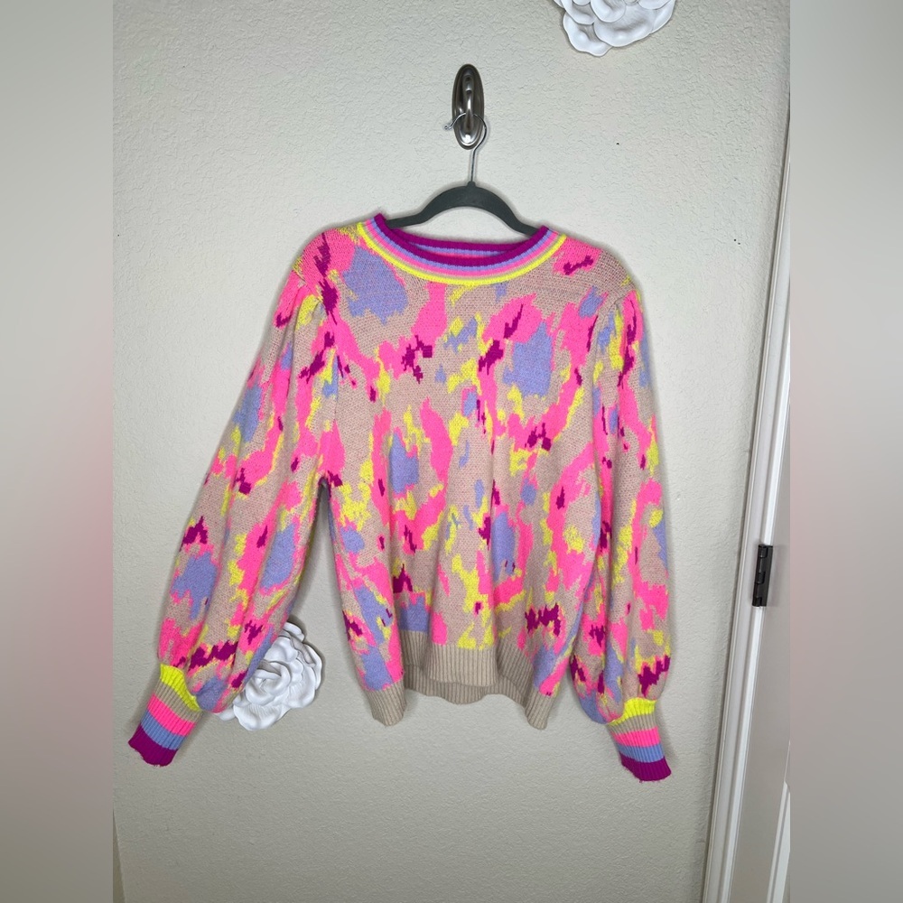 NTM Jodifl Abstract Print Sweater Neon Pink Taupe Balloon Sleeve Pullover Size L